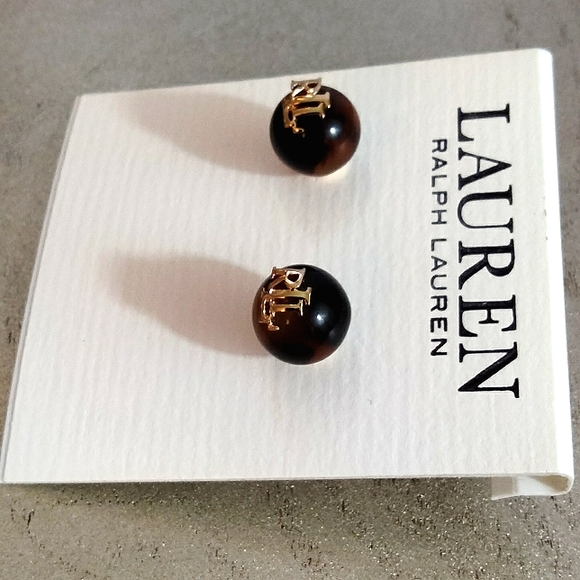 NWT Ralph Lauren Tortoiseshell Gold Logo Stud Earrings - Picture 3 of 5